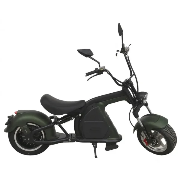 Scooter électrique ColisWheels Lowrider vert mat, style chopper fat tire homologué pour la Suisse.