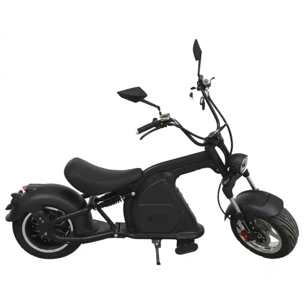 Scooter électrique ColisWheels style chopper noir mat avec fat tire, homologué pour la Suisse.