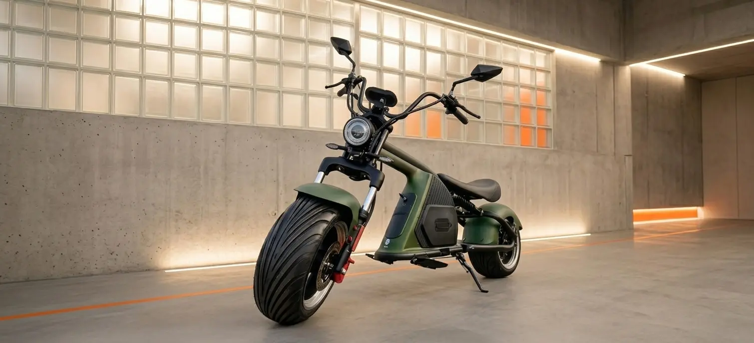 Scooter électrique ColisWheels Lowrider vert, mobilité urbaine efficace et responsable en Suisse.