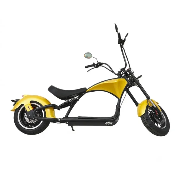 Scooter électrique jaune style chopper fat tire ColisWheels, homologué Suisse pour la mobilité urbaine.